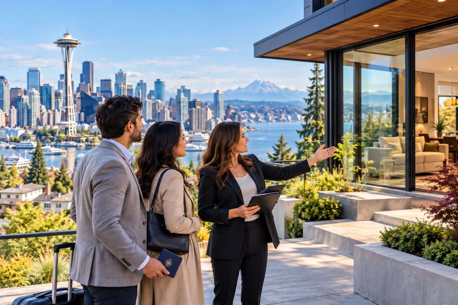 Foreign national looking to buy real estate in Seattle with a real estate agent and modern home overlooking the Seattle skyline.