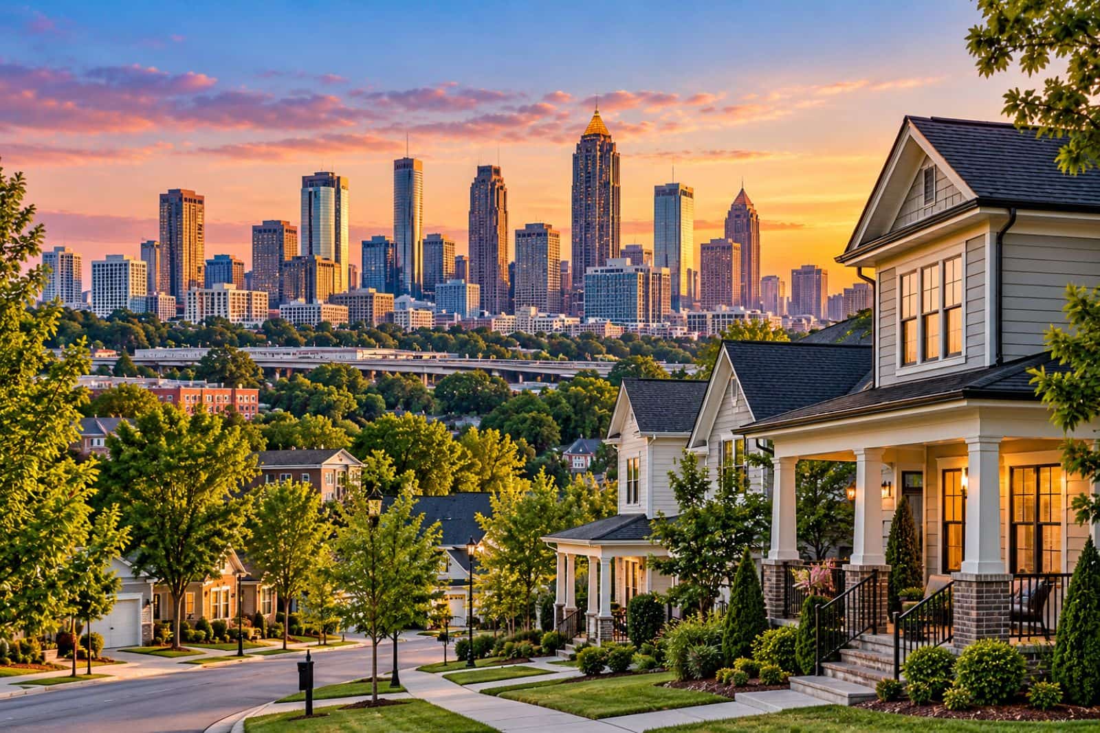 Georgia rental property investment featuring suburban homes and the Atlanta skyline at sunset.