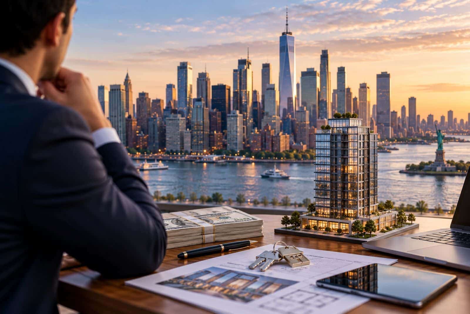 New York Real Estate investment opportunities for foreign buyers, featuring a luxury apartment model, financial documents, property keys, and Manhattan skyline at sunset.