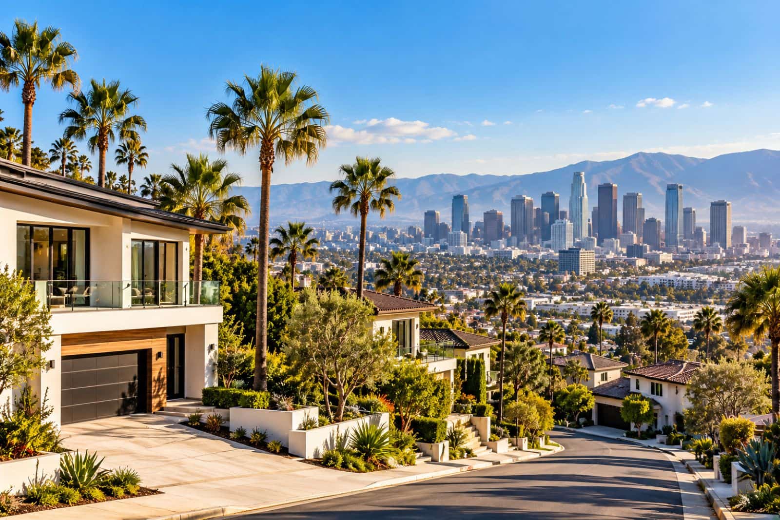 Property in California investment opportunities featuring modern hillside homes, palm-lined streets, and a downtown skyline.