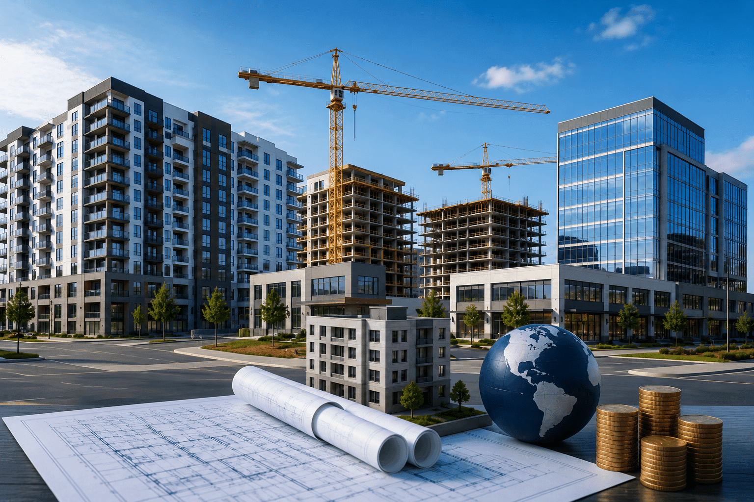 Commercial bridge loan concept showing a large apartment and commercial development with construction cranes, modern office buildings, architectural blueprints, and investment planning tools for commercial real estate financing.