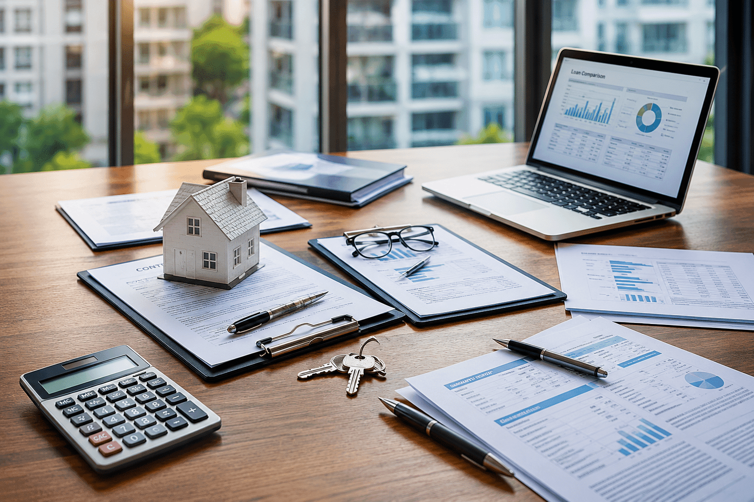 DSCR loans analysis with rental property model, calculator, financial documents, and laptop displaying loan data.