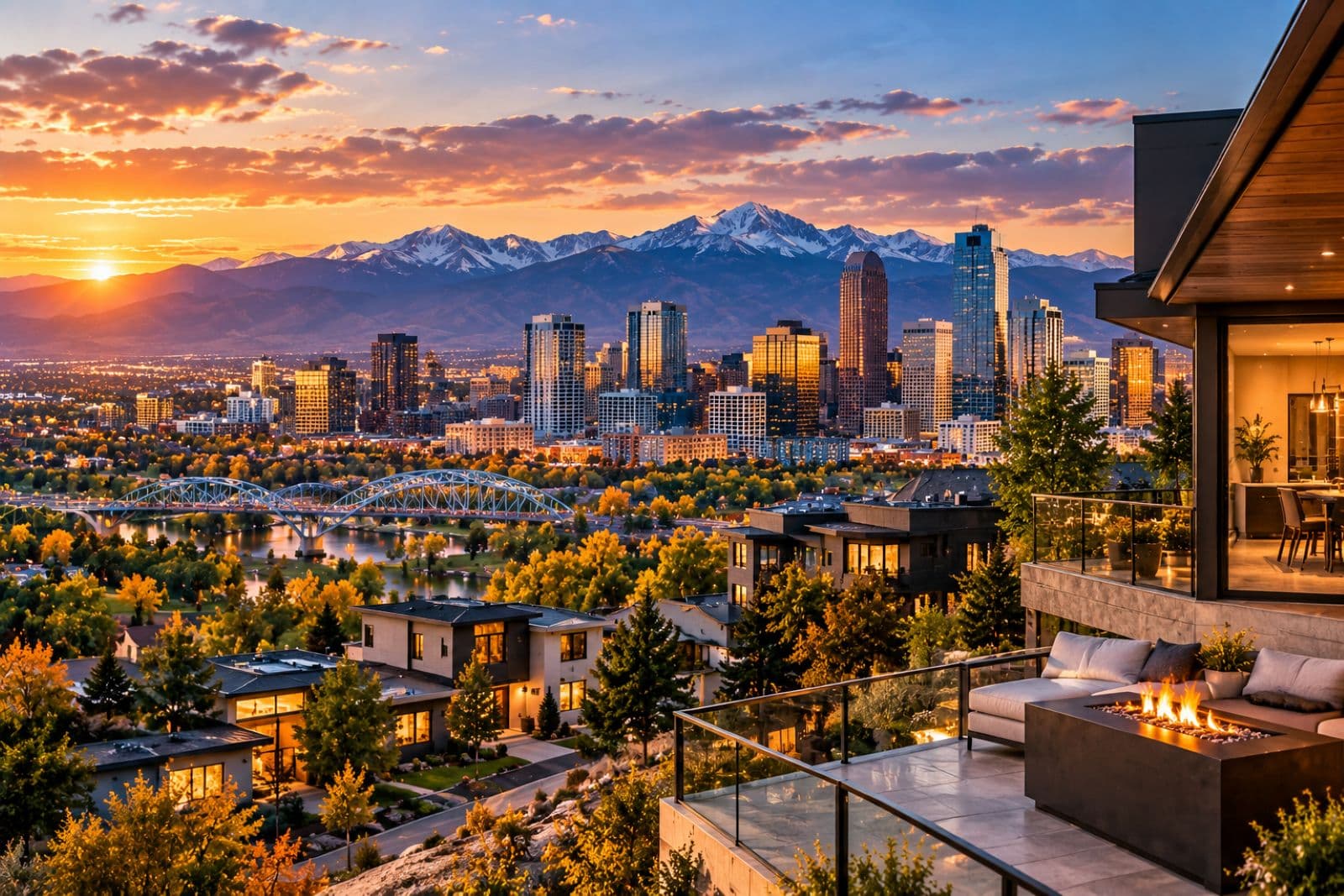 Denver Colorado real estate investment with modern homes, downtown skyline, and Rocky Mountains at sunset.