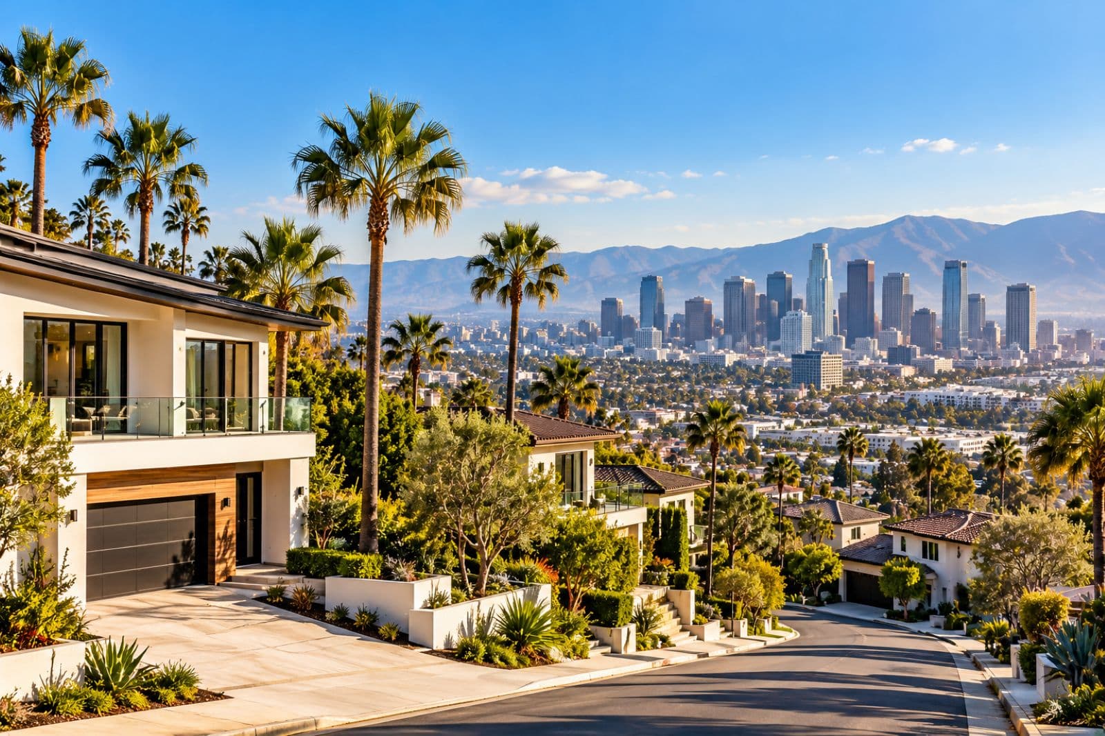 Property in California investment opportunities featuring modern hillside homes, palm-lined streets, and a downtown skyline.