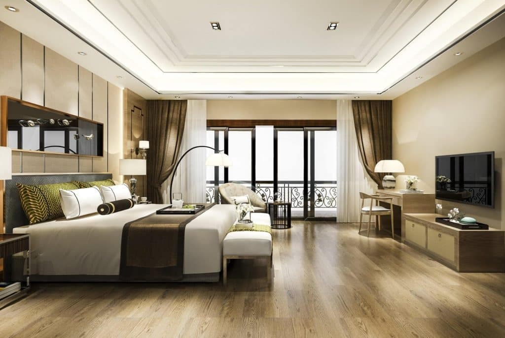 The furnished bedroom of a modern apartment