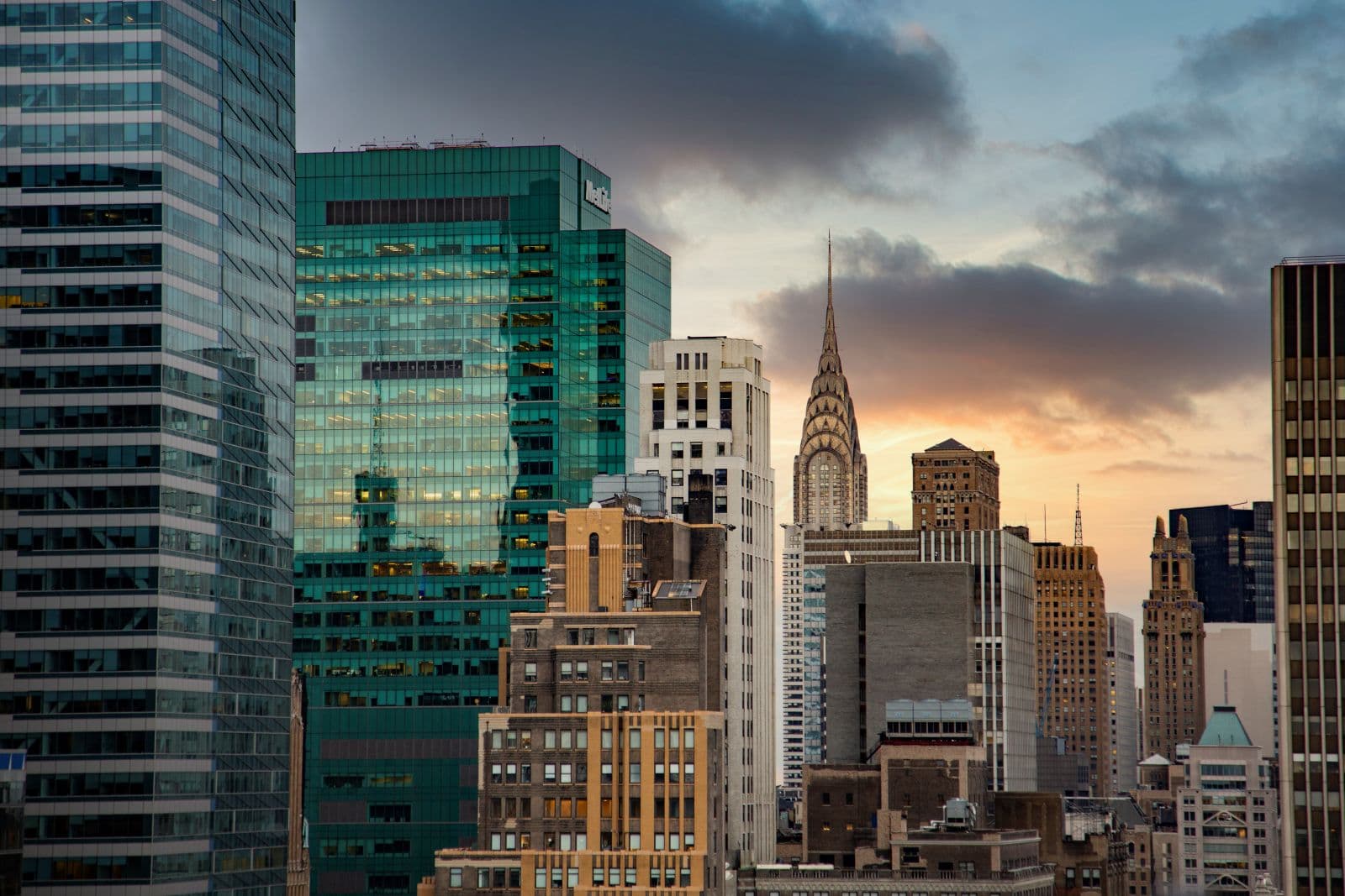 Midtown Manhattan towers at sunset, the Chrysler Building at centre
