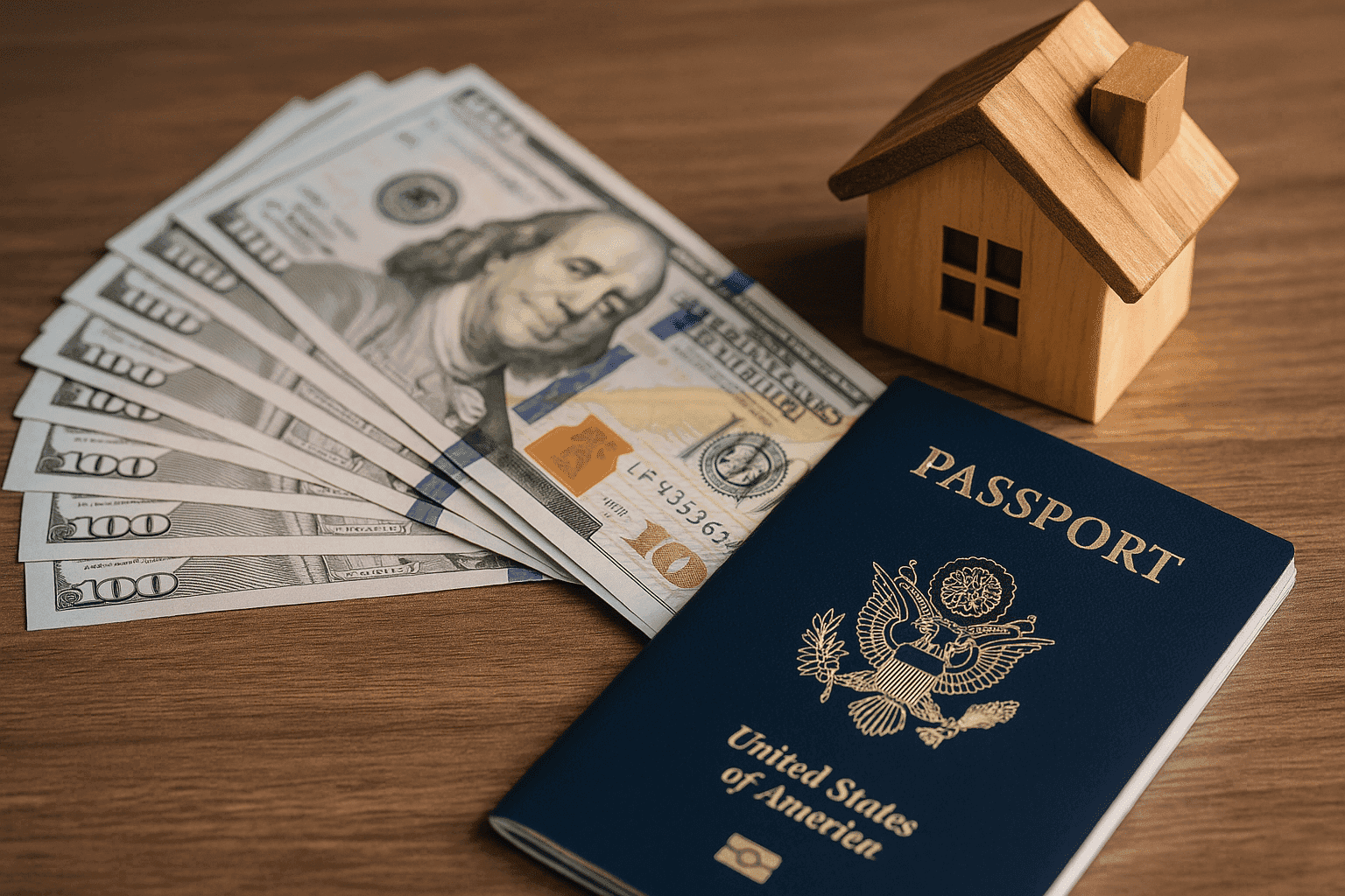 U.S. passport, H1B visa, house model, and dollar bills on a desk symbolizing immigration and real estate investment.