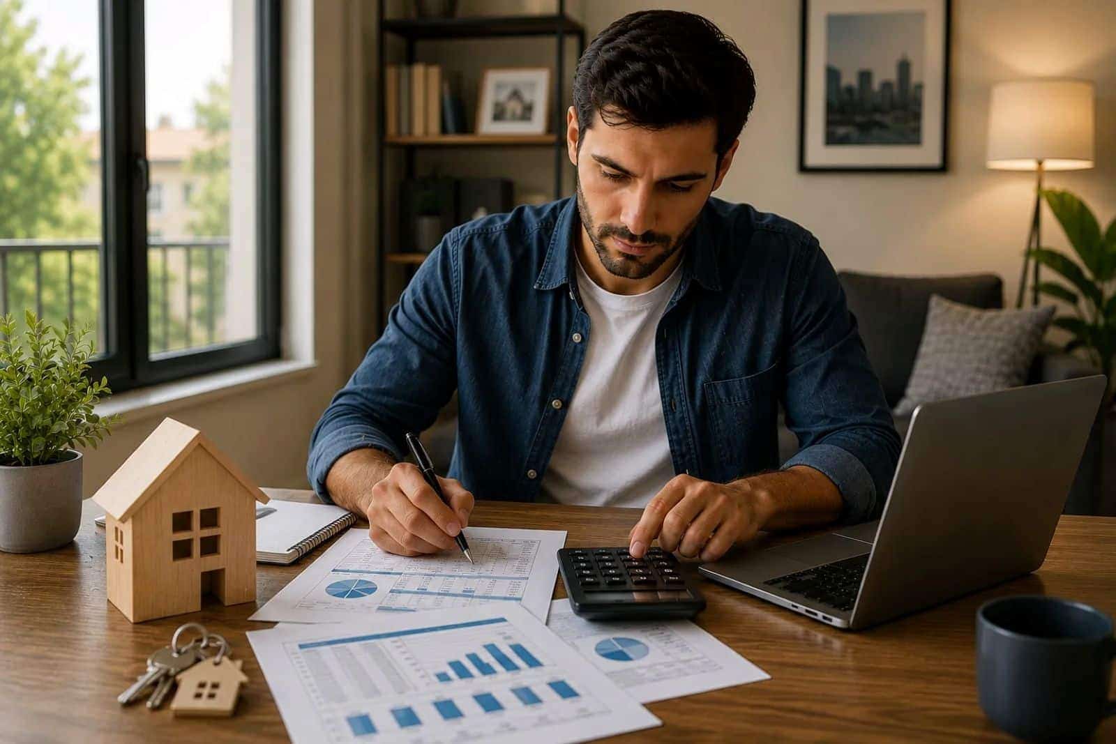 Man reviewing Airbnb investment documents with a calculator, laptop, and house model while analyzing financing for a DSCR loan.