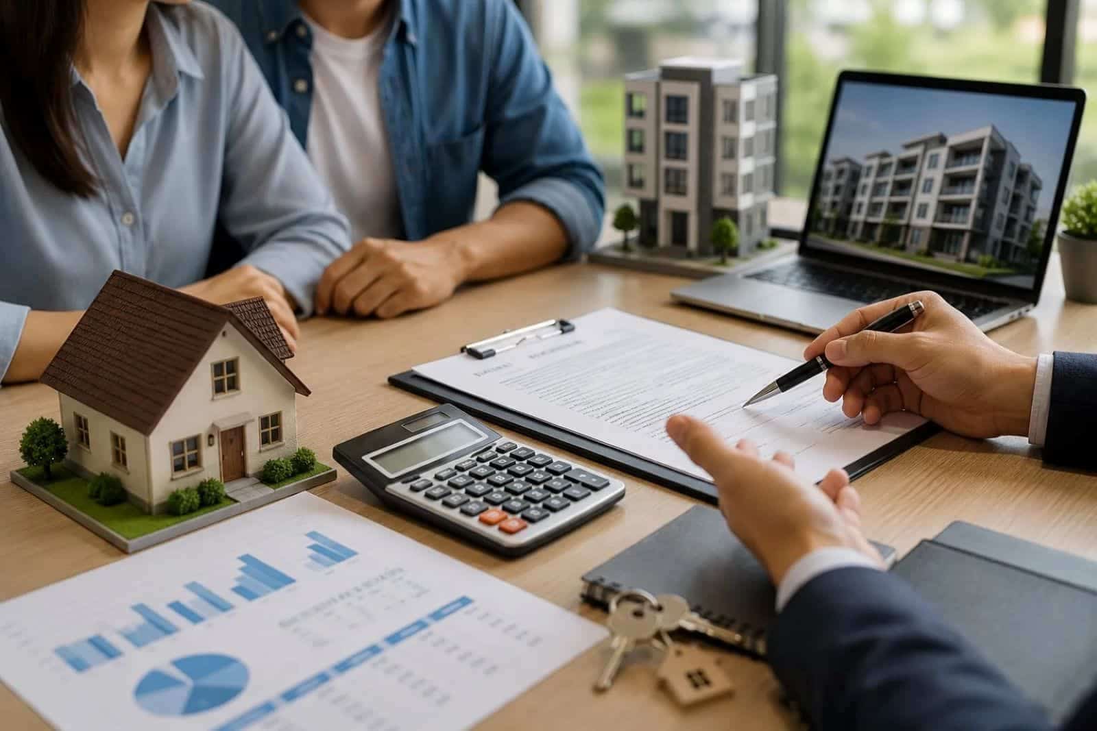 Mortgage advisor discussing financing options with homebuyers using property documents, a calculator, and a house model during a home loan consultation. DSCR Loans for Primary Residence