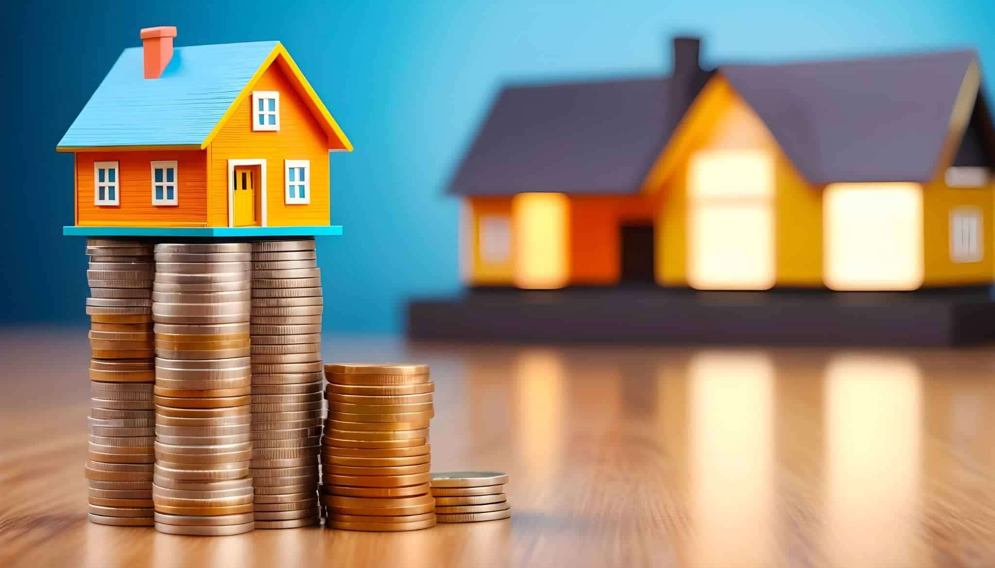 House model on stacked coins representing DSCR Loan financing for real estate investors