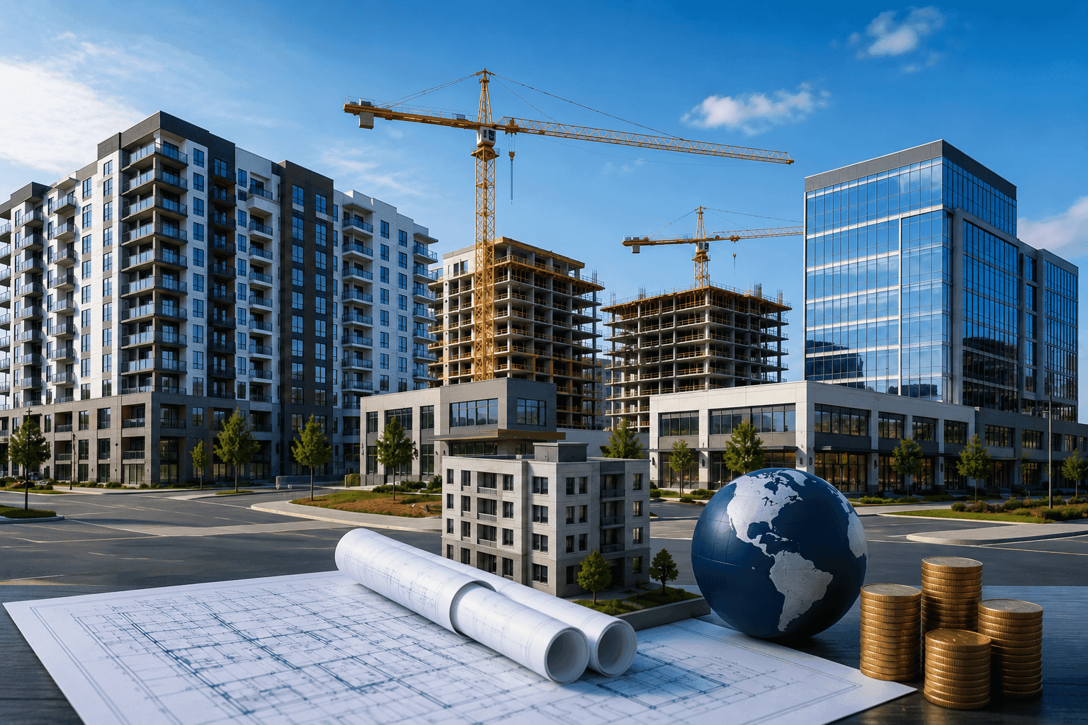 Commercial bridge loan concept showing a large apartment and commercial development with construction cranes, modern office buildings, architectural blueprints, and investment planning tools for commercial real estate financing.