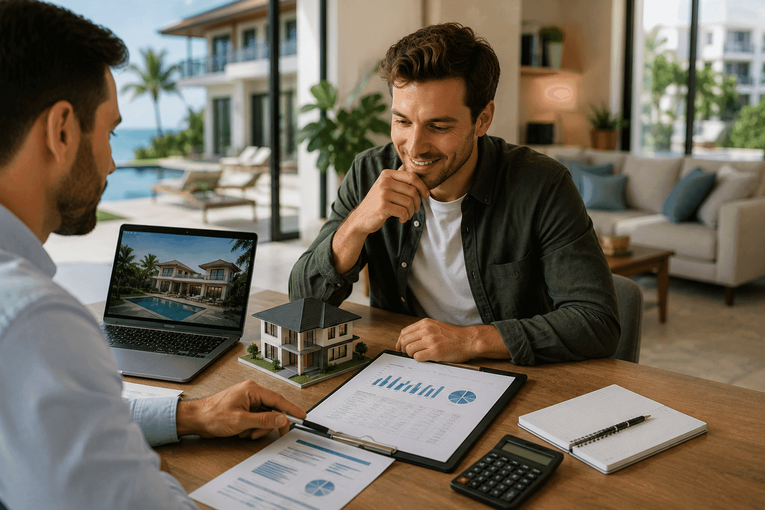 Real estate investor discussing financing options for a short-term rental property with a mortgage advisor using property documents, a house model, and financial reports | DSCR Loans for short-term rental properties