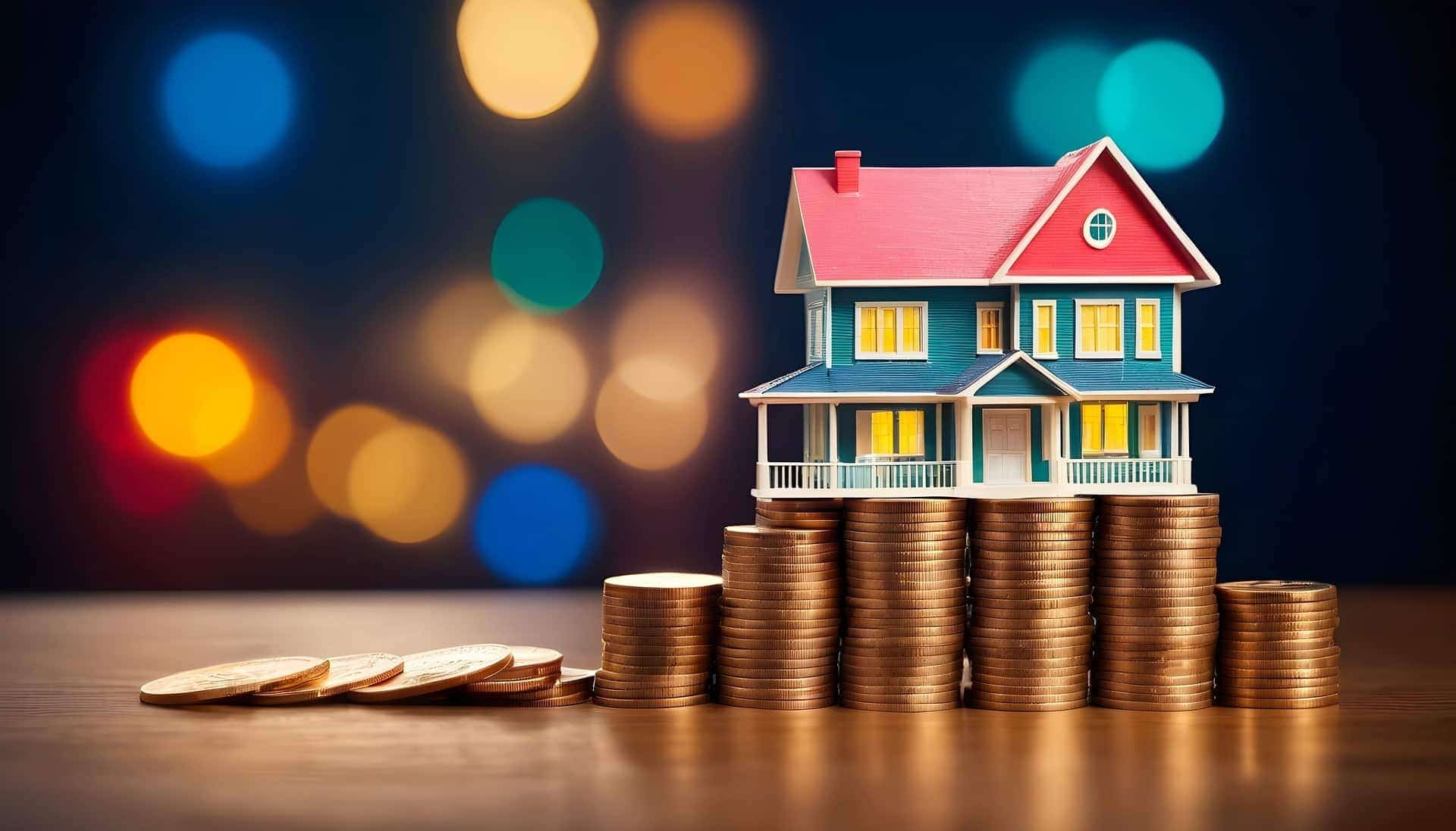 House model on stacked coins representing DSCR Loan financing for real estate investors