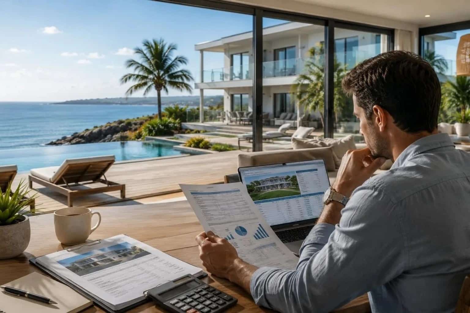 Investor analyzing documents for DSCR loans for vacation rental properties in a luxury beachfront investment home.