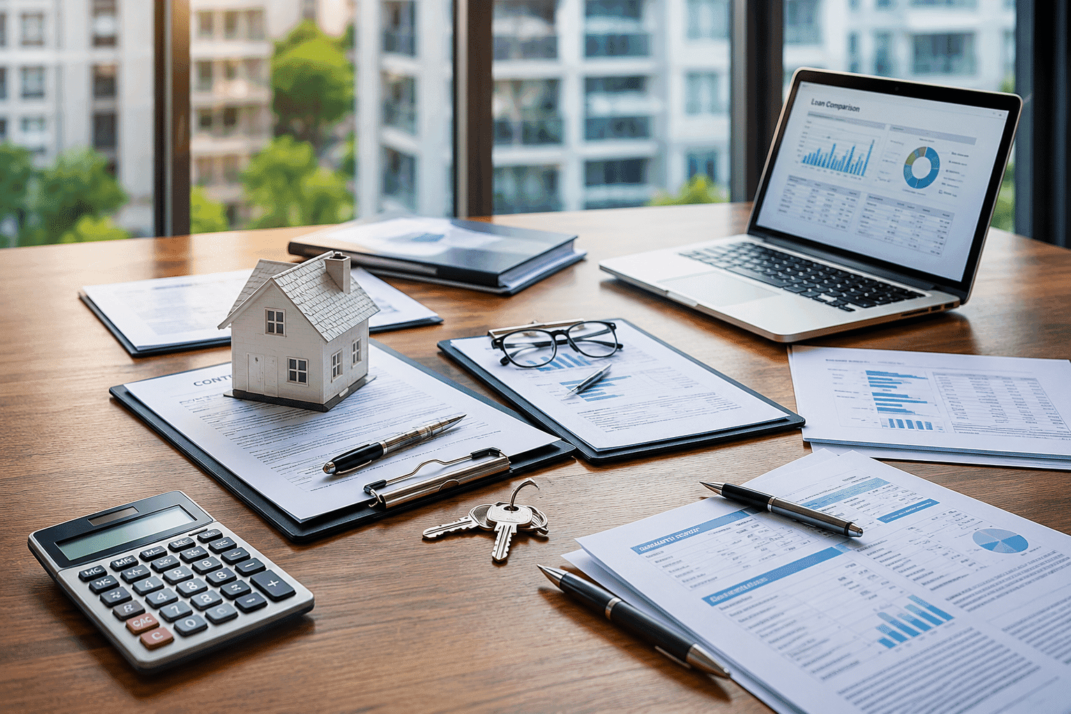 DSCR loans analysis with rental property model, calculator, financial documents, and laptop displaying loan data.