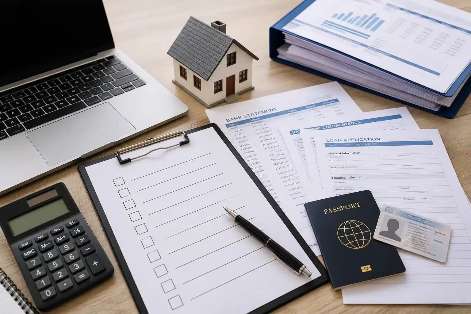 Mortgage pre-approval documents checklist with passport, financial paperwork, home model, calculator, laptop, and application forms on an office desk.