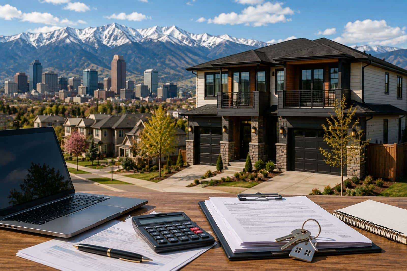 DSCR Loans in Colorado featuring a modern investment property with mortgage documents, calculator, laptop, and the Rocky Mountains in the background.