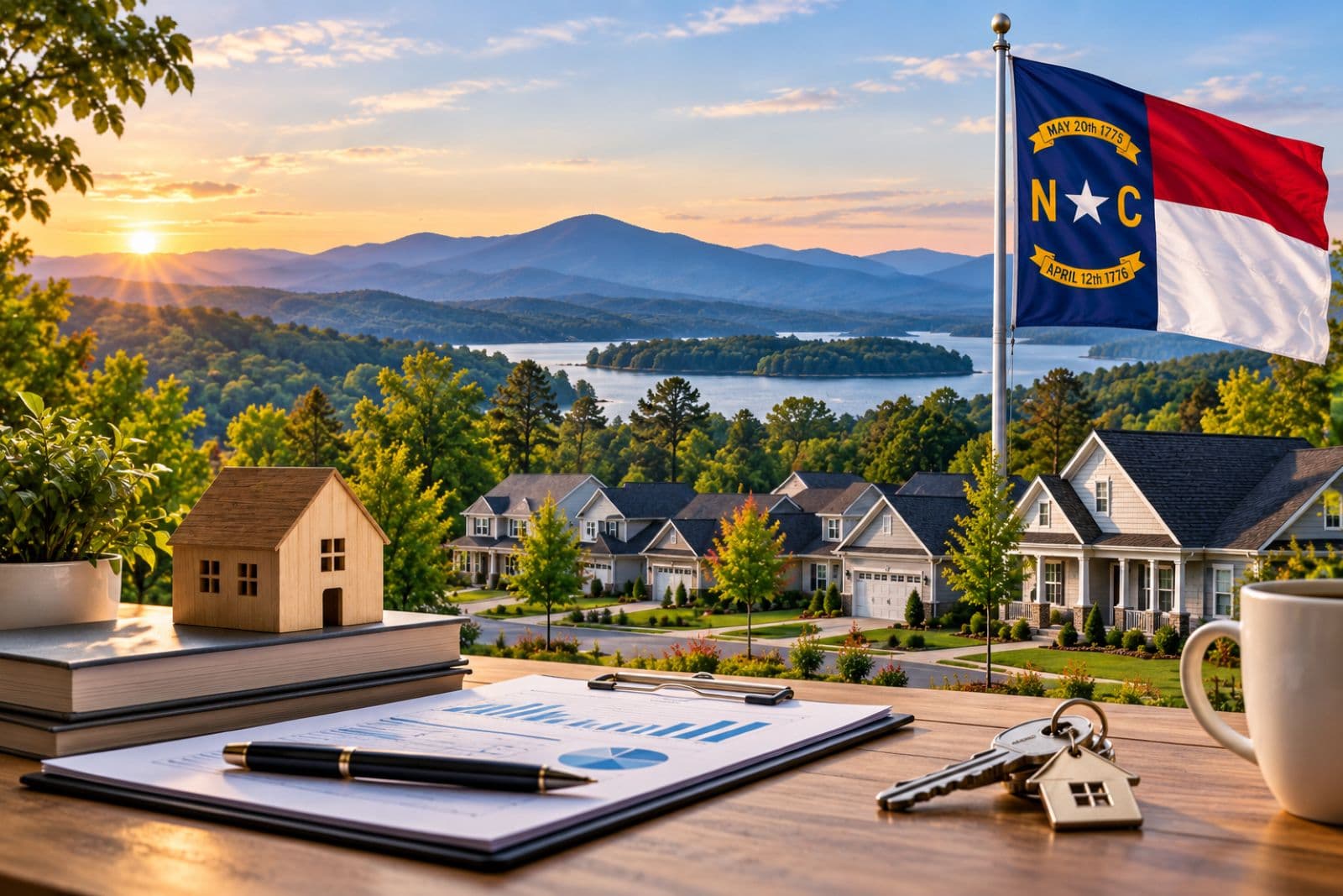 Rental property investment in North Carolina with suburban homes, house keys, financial documents, and state flag.