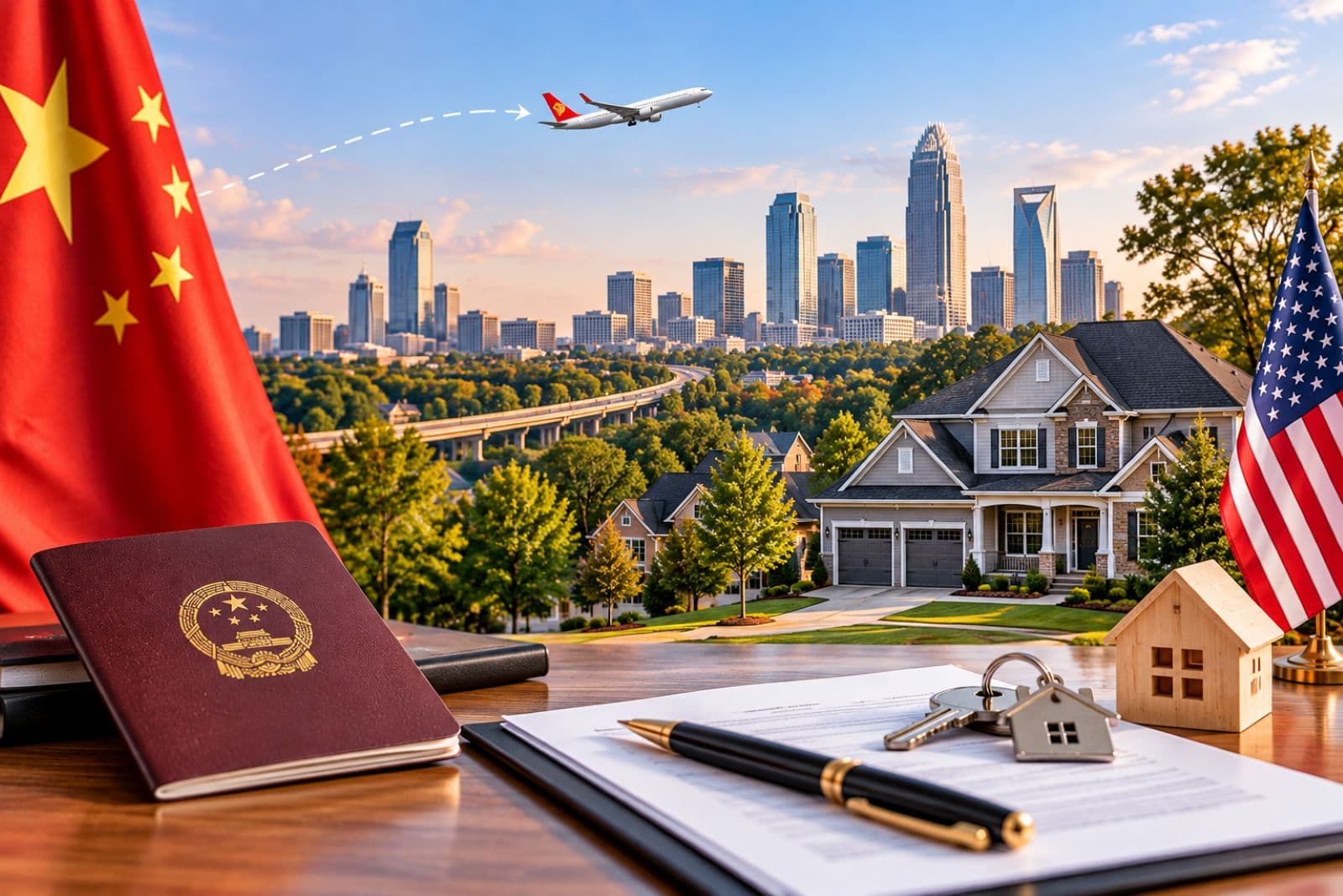 Chinese buyer reviewing a North Carolina property purchase with a passport, house keys, and U.S. flag | Buy Property in North Carolina