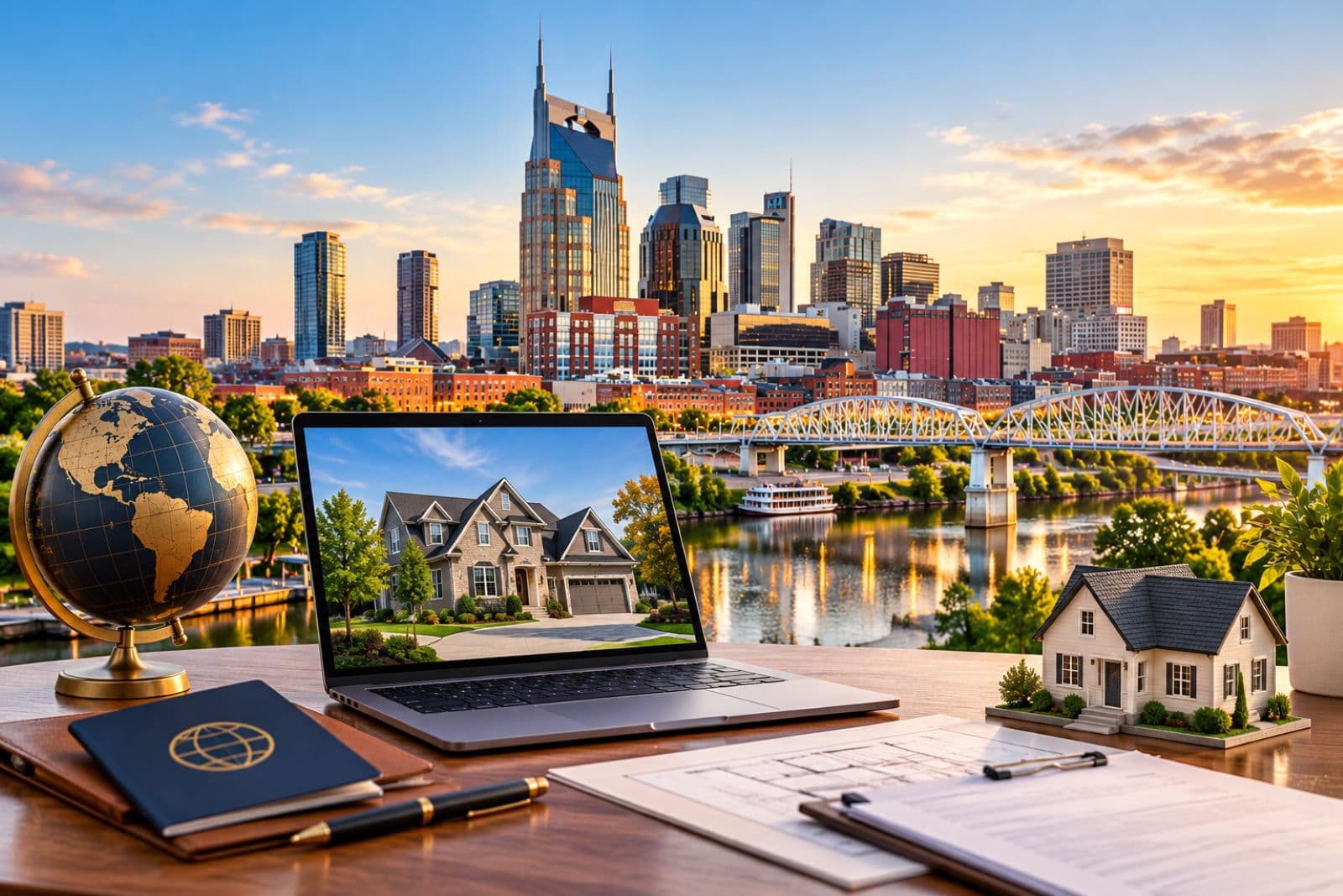 Non-U.S. resident buying Nashville real estate remotely with a laptop, passport, globe, and Nashville skyline in the background.