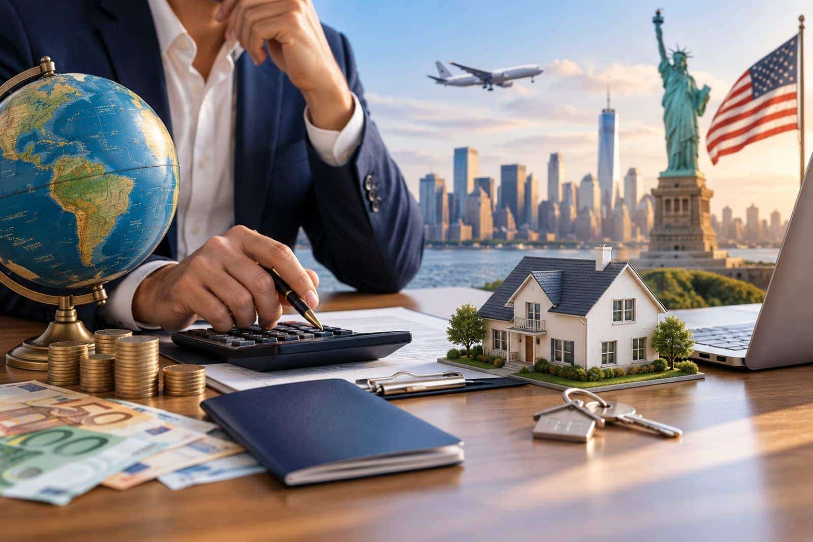 Foreign income US expat mortgage application with financial documents, currency conversion, and US property financing.