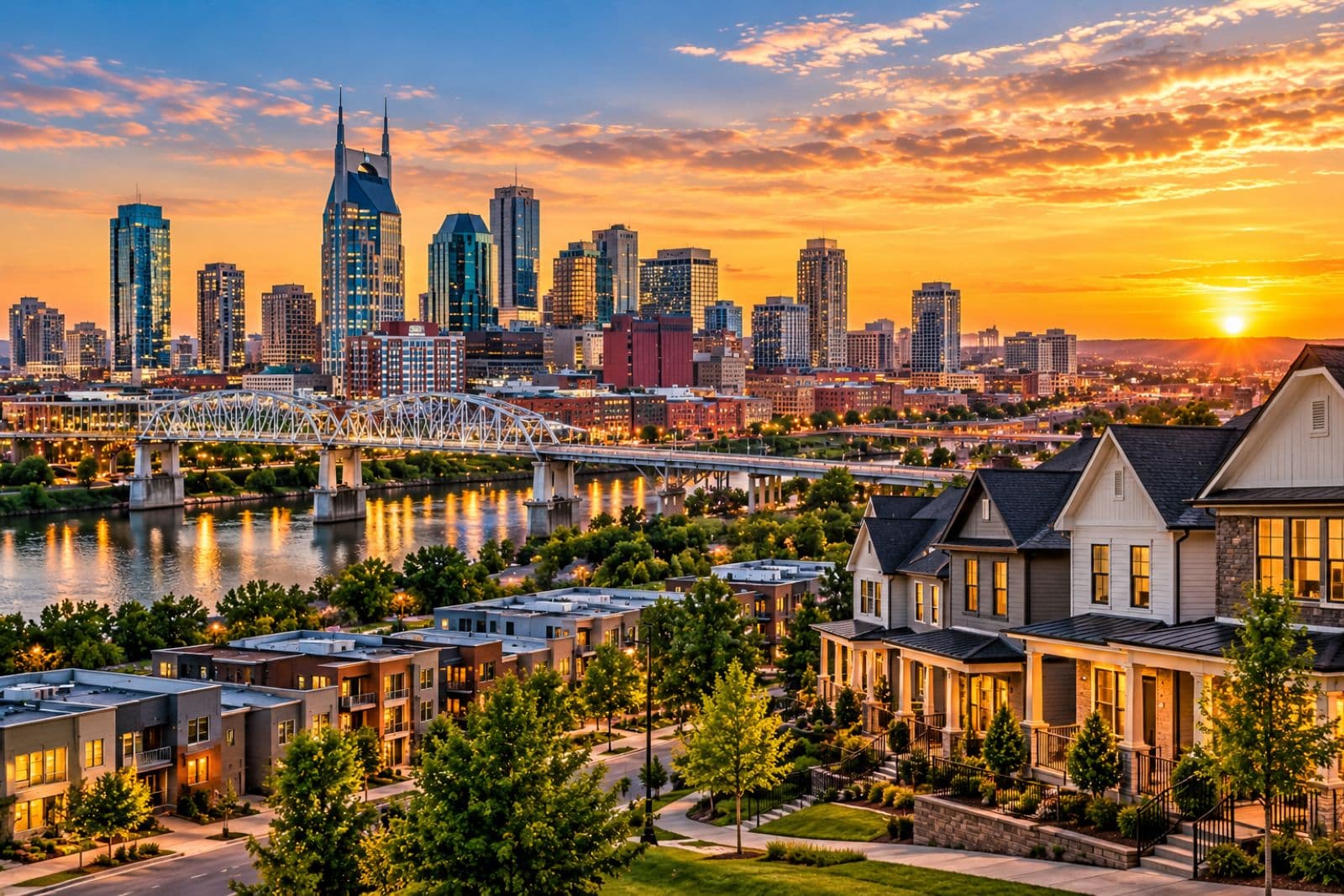 Nashville Tennessee for investment property, featuring residential homes and the city skyline at sunset.