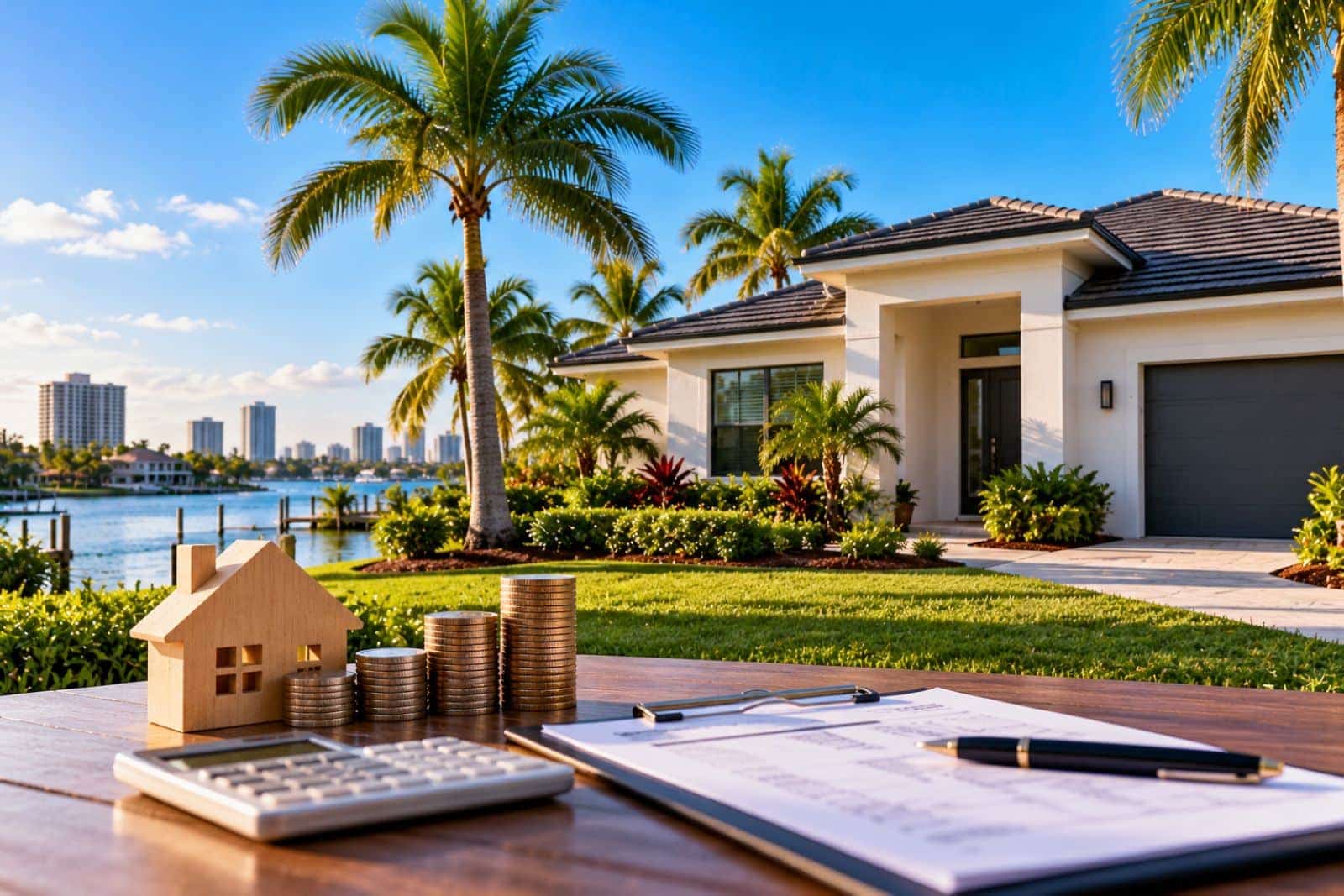 Property in Florida for rental income featuring a modern waterfront home, investment coins, calculator, and financial documents.