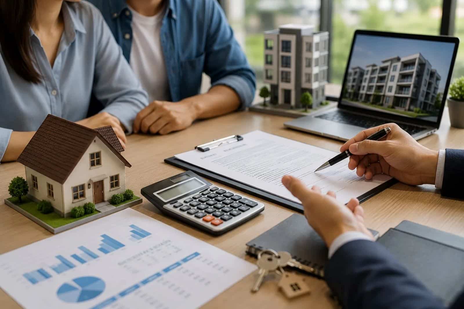Mortgage advisor discussing financing options with homebuyers using property documents, a calculator, and a house model during a home loan consultation.