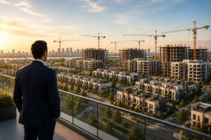 Professional investor overlooking a large residential housing development with multiple apartment buildings, townhomes, and construction cranes during sunset in a modern U.S. city | Bridge Loans explained.