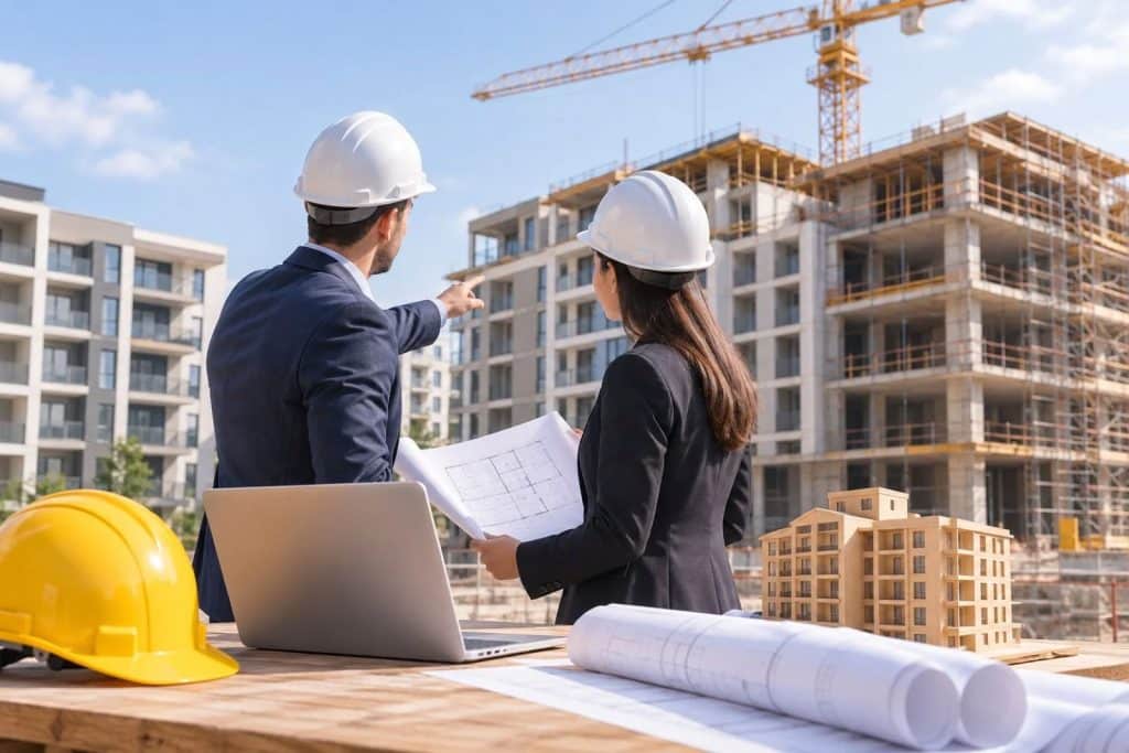 Apartment development project under construction with developers reviewing building plans on site.
