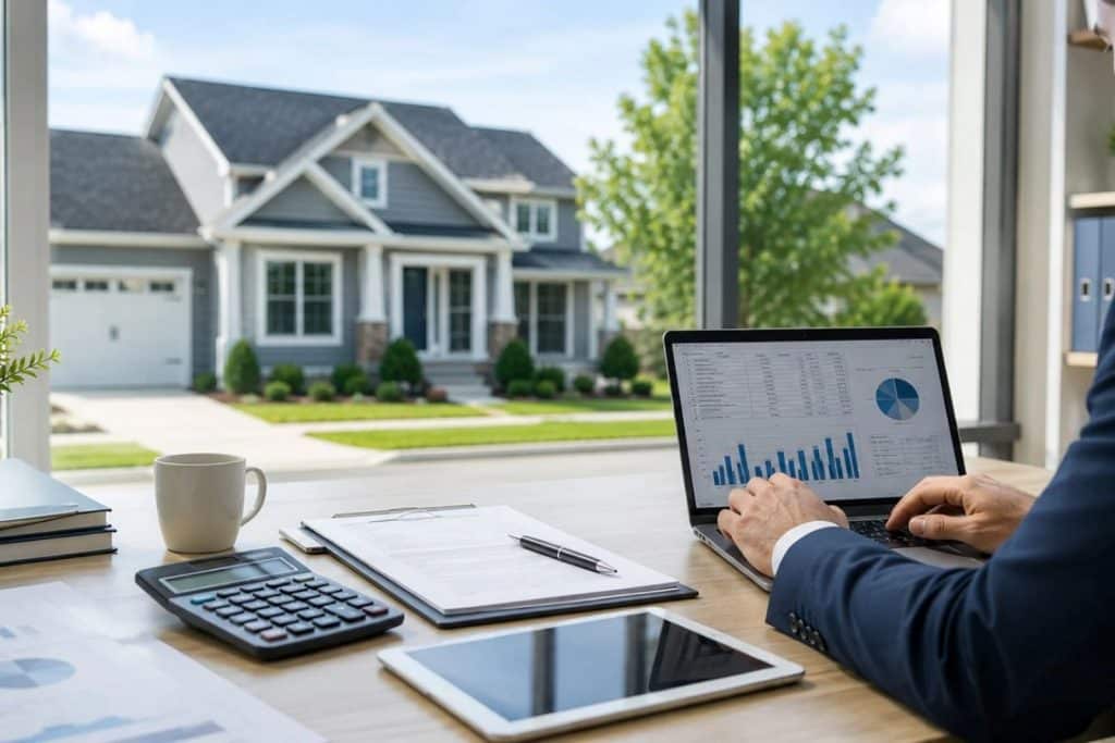 Professional reviewing mortgage documents on a laptop with a modern single-family rental home visible through an office window.
