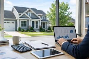 Professional reviewing mortgage documents on a laptop with a modern single-family rental home visible through an office window | DSCR Loan for Single Family Rental Properties