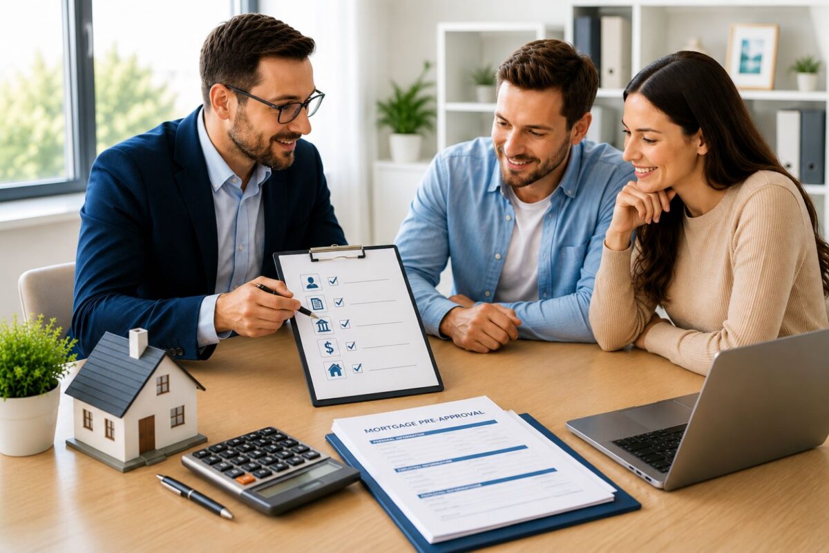 Mortgage advisor explaining the mortgage preapproval process to a couple using a checklist during a mortgage consultation.