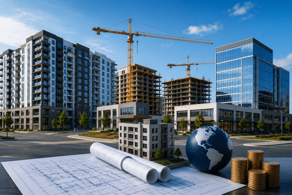 Commercial bridge loan concept showing a large apartment and commercial development with construction cranes, modern office buildings, architectural blueprints, and investment planning tools for commercial real estate financing.