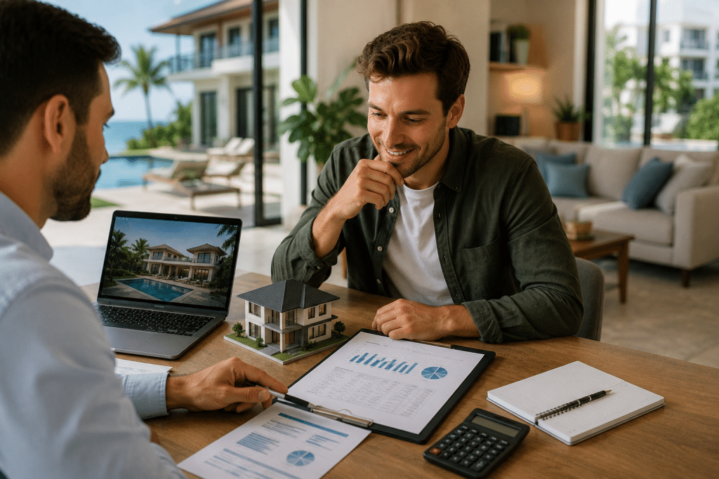 Real estate investor discussing financing options for a short-term rental property with a mortgage advisor using property documents, a house model, and financial reports.