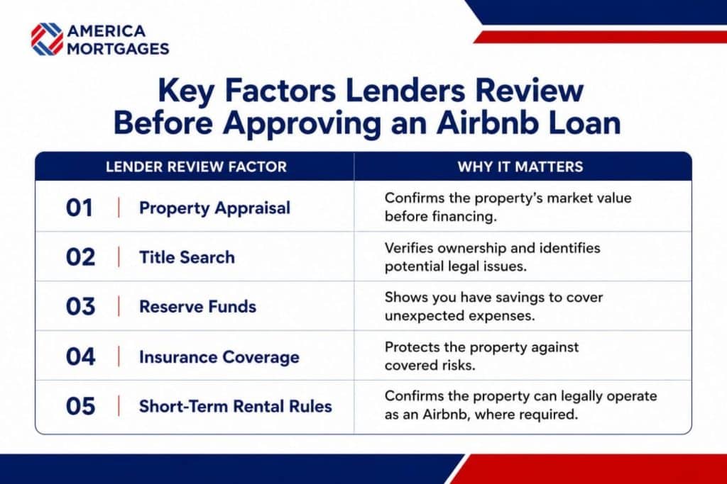 Key factors lenders review before approving an Airbnb loan, including property appraisal, title search, reserve funds, insurance coverage, and short-term rental rules.