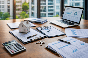 DSCR loans analysis with rental property model, calculator, financial documents, and laptop displaying loan data.