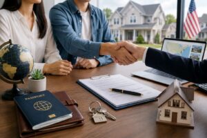 Foreign nationals meeting with a mortgage advisor for U.S. mortgage pre-approval, with a passport, house keys, loan documents, and an American home in the background.