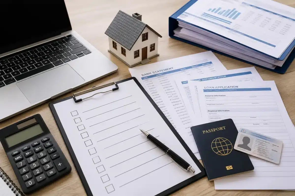 Mortgage pre-approval documents checklist with passport, financial paperwork, home model, calculator, laptop, and application forms on an office desk.