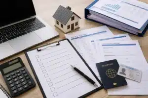 Mortgage pre-approval documents checklist with passport, financial paperwork, home model, calculator, laptop, and application forms on an office desk.