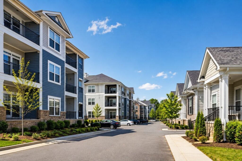 Modern rental apartment and townhome community representing DSCR Loans in North Carolina for investment property financing.
