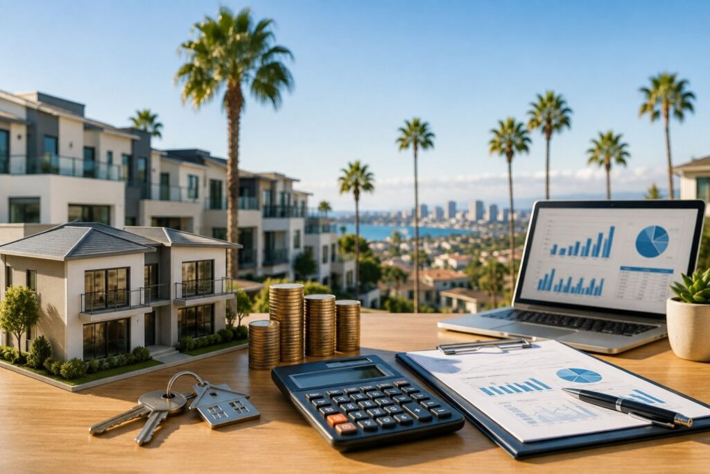 DSCR Loans in California concept showing an investment property, calculator, keys, financial documents, and laptop for real estate investors.