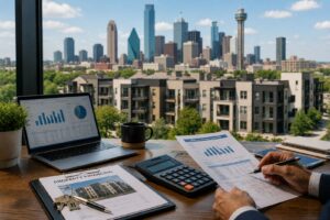 DSCR loans in Texas for a multifamily investment property with a real estate investor reviewing financial documents and rental income analysis.