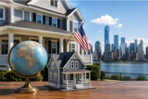 Globe and U.S. home representing an expat mortgage and foreign national mortgage for buyers abroad.