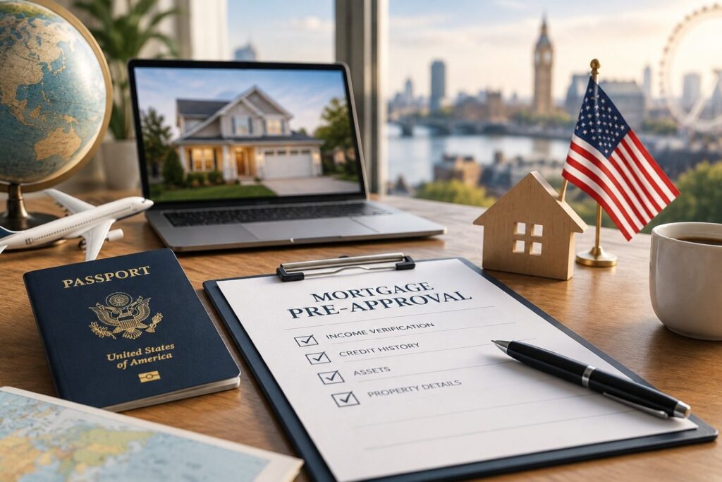U.S. Expat Mortgage Pre-Approval for buyers living abroad with passport, globe, laptop displaying a home, and house model.