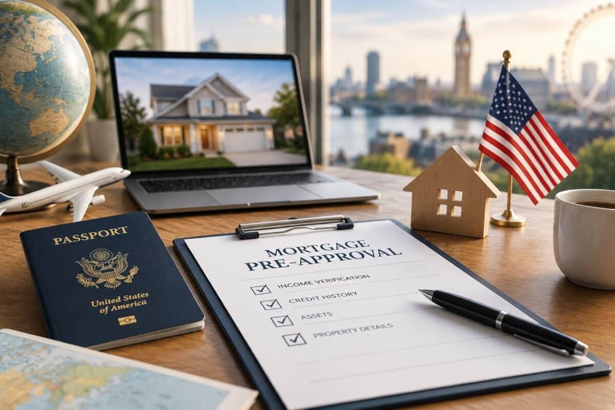 U.S. Expat Mortgage Pre-Approval for buyers living abroad with passport, globe, laptop displaying a home, and house model.