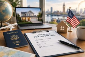 U.S. Expat Mortgage Pre-Approval for buyers living abroad with passport, globe, laptop displaying a home, and house model.