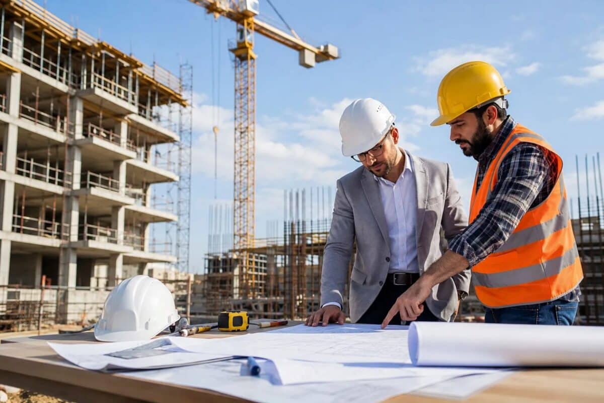 Commercial real estate professionals reviewing construction plans at a large development site before securing bridge loan financing.