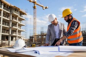 Commercial real estate professionals reviewing construction plans at a large development site before securing bridge loan financing.