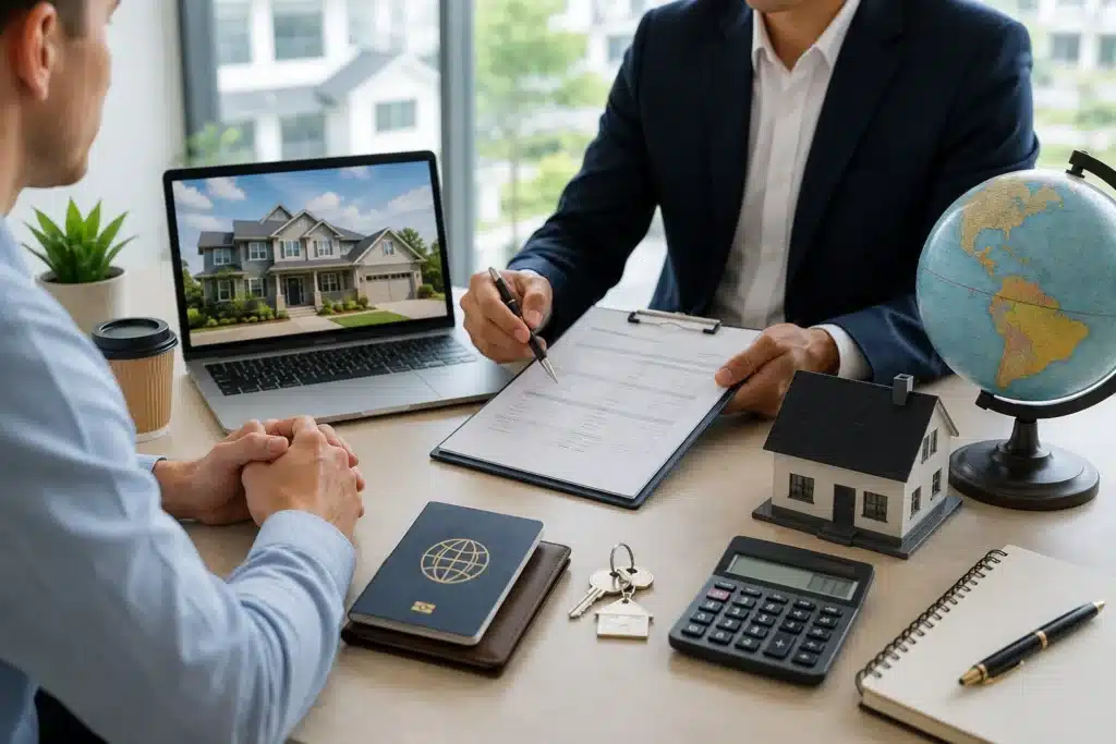 Pre approval for mortgage meeting showing a foreign national buyer reviewing U.S. home financing documents with a mortgage advisor, passport, laptop, and house model.